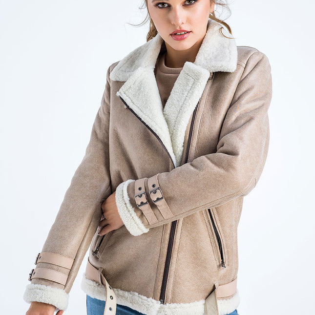 Beige Biker Bomber Sheepskin Jacket with Cream Shearling Fur-0