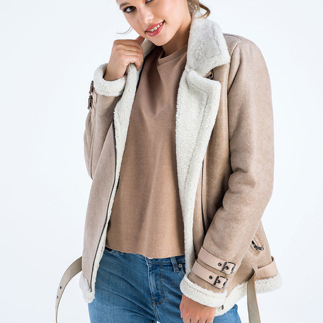 Beige Biker Bomber Sheepskin Jacket with Cream Shearling Fur-2