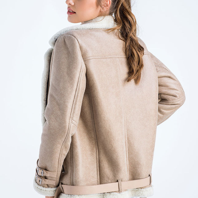 Beige Biker Bomber Sheepskin Jacket with Cream Shearling Fur-1