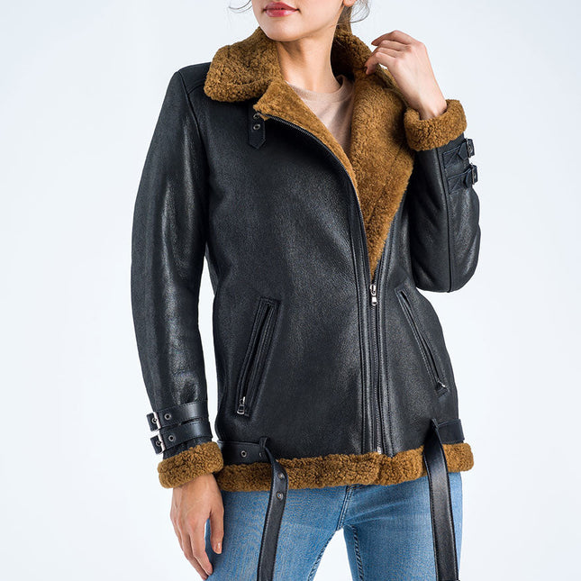 Black Biker Bomber Sheepskin Jacket with Cognac Shearling Fur-2