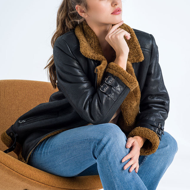 Black Biker Bomber Sheepskin Jacket with Cognac Shearling Fur-3