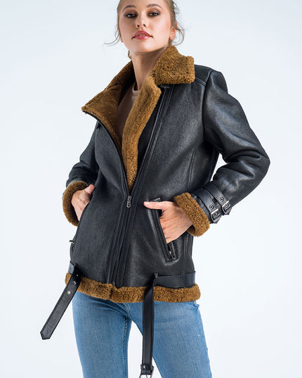 Black Biker Bomber Sheepskin Jacket with Cognac Shearling Fur-0