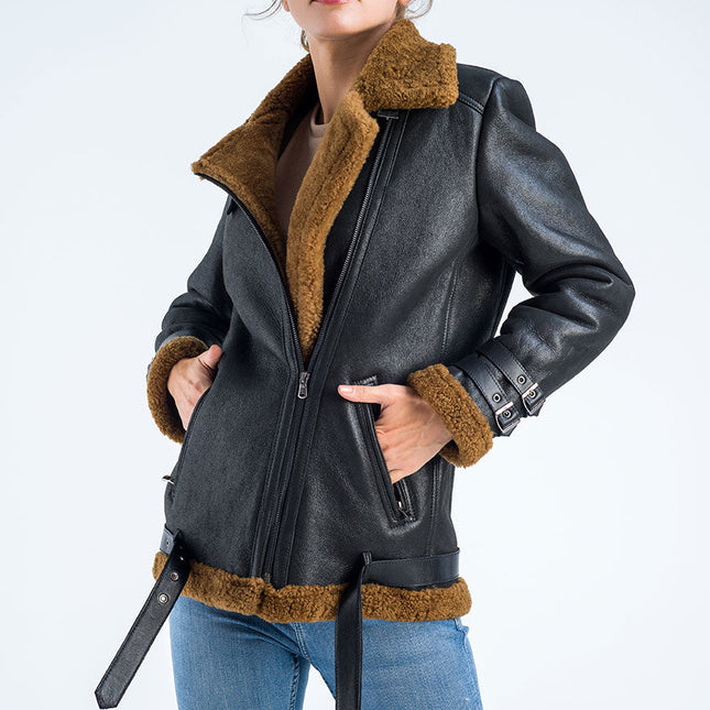Black Biker Bomber Sheepskin Jacket with Cognac Shearling Fur-0