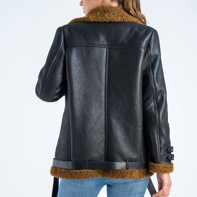 Black Biker Bomber Sheepskin Jacket with Cognac Shearling Fur-1