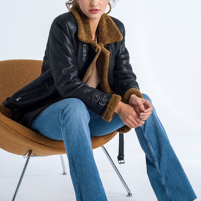 Black Biker Bomber Sheepskin Jacket with Cognac Shearling Fur-4