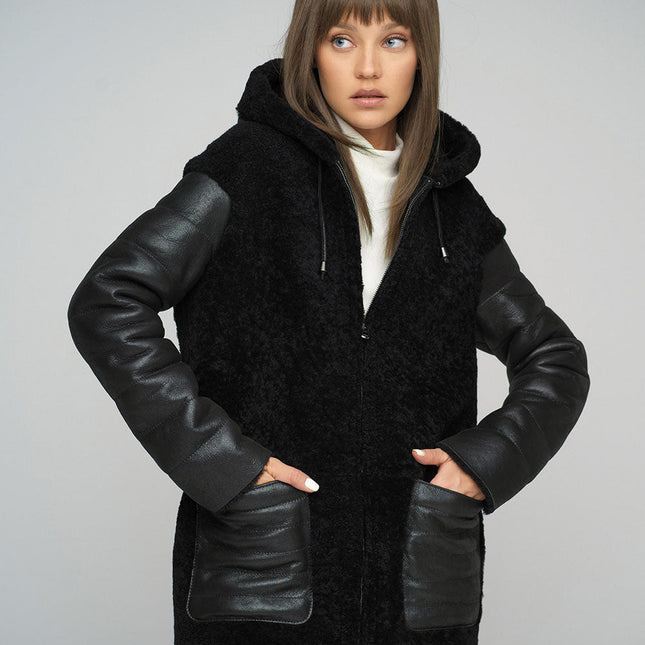 Black Natural Shearling Sheepskin Hooded Jacket-2
