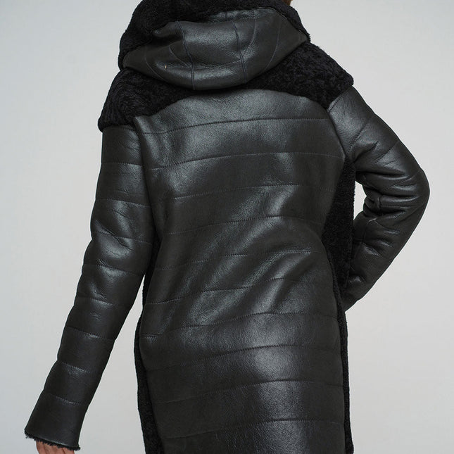 Black Natural Shearling Sheepskin Hooded Jacket-1