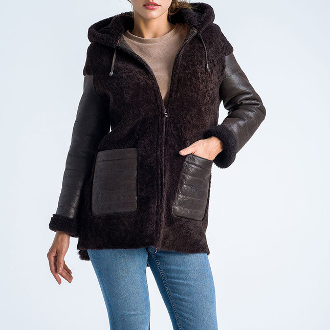 Brown Natural Shearling Sheepskin Hooded Jacket-0