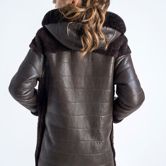 Brown Natural Shearling Sheepskin Hooded Jacket-1
