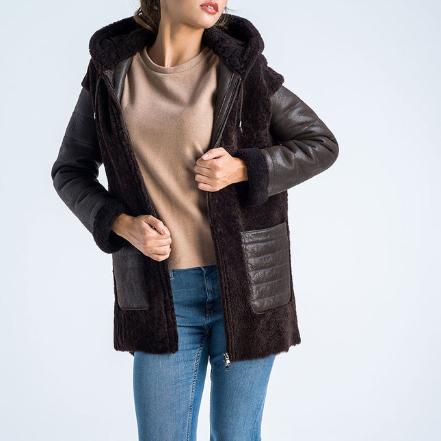 Brown Natural Shearling Sheepskin Hooded Jacket-3