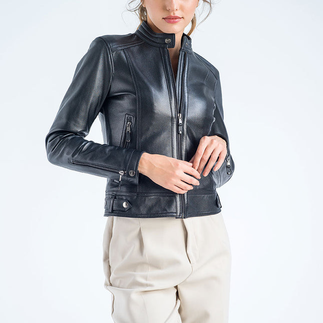Black Genuine Cropped Leather Jacket-0
