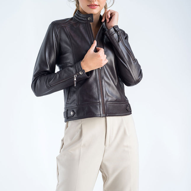 Brown Genuine Cropped Leather Jacket-2