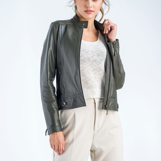 Olive Genuine Cropped Leather Jacket-4