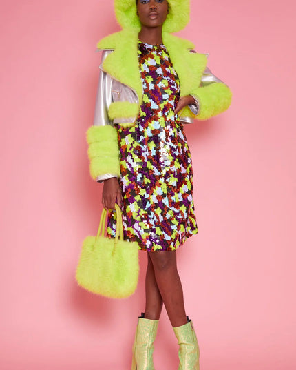 Silver Yellow Faux Leather Faux Fur Biker Jacket-0