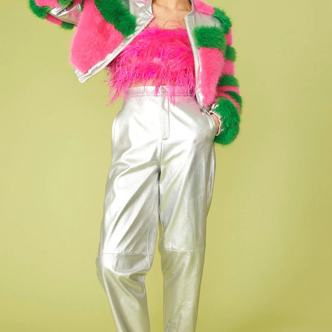 Striped Pink Faux Fur Cropped Bomber Jacket-2