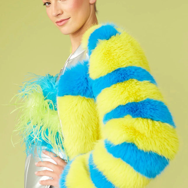 Striped Yellow Faux Fur Cropped Bomber Jacket-0