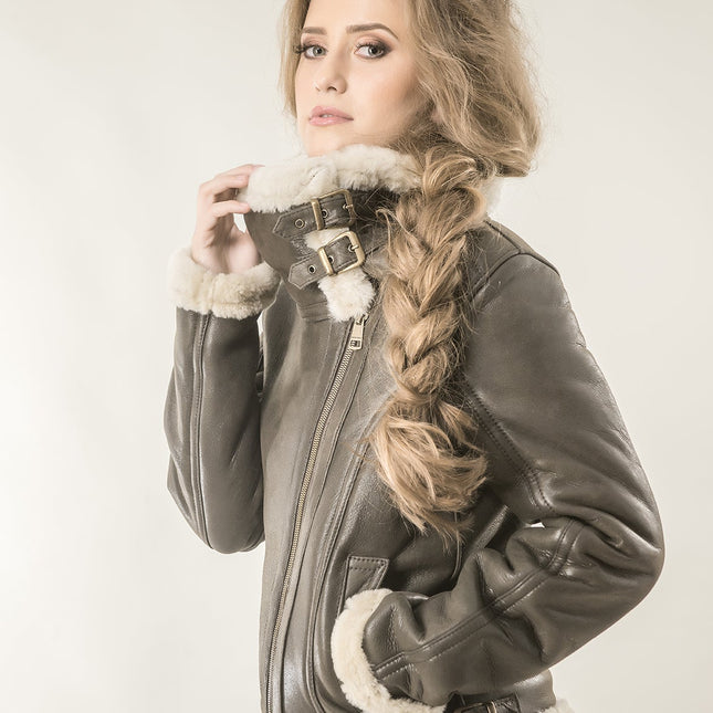 Brown Shearling Leather Biker Jacket with Merino Fur-1