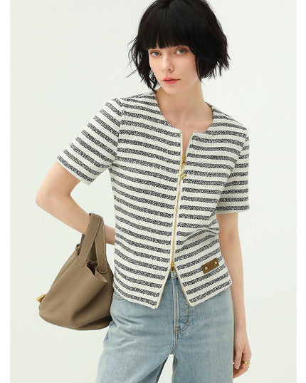 Amour Round Neck Double Zipped Striped Sweater Tee-0