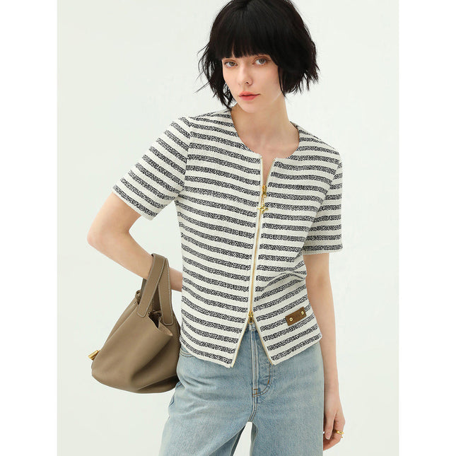 Amour Round Neck Double Zipped Striped Sweater Tee-0