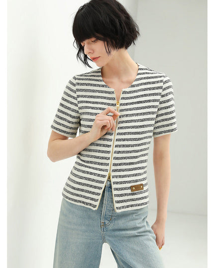 Amour Round Neck Double Zipped Striped Sweater Tee-1
