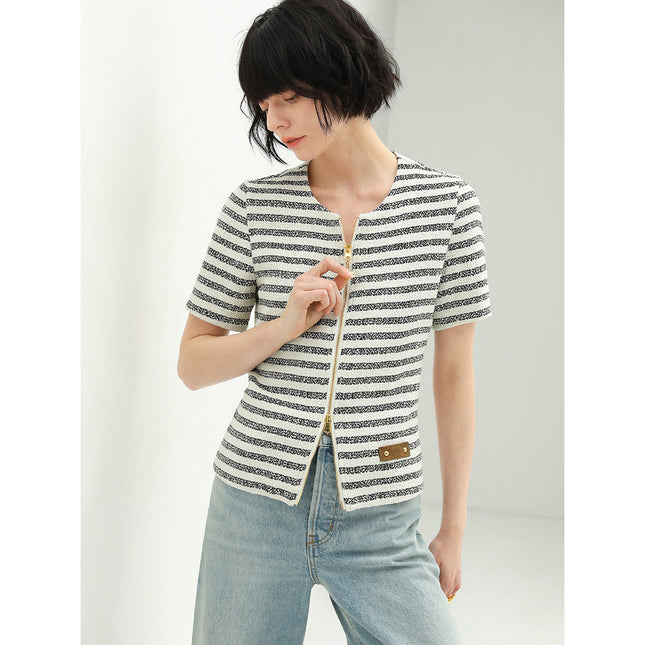 Amour Round Neck Double Zipped Striped Sweater Tee-1