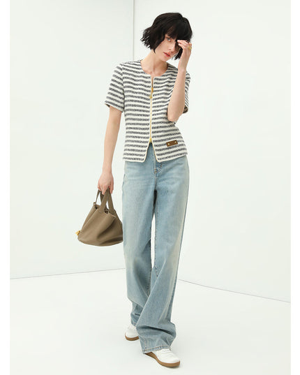 Amour Round Neck Double Zipped Striped Sweater Tee-2