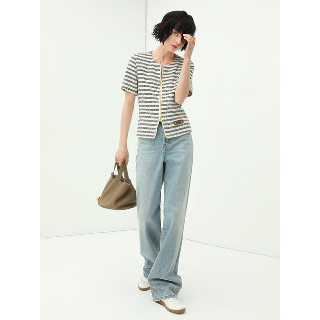 Amour Round Neck Double Zipped Striped Sweater Tee-2