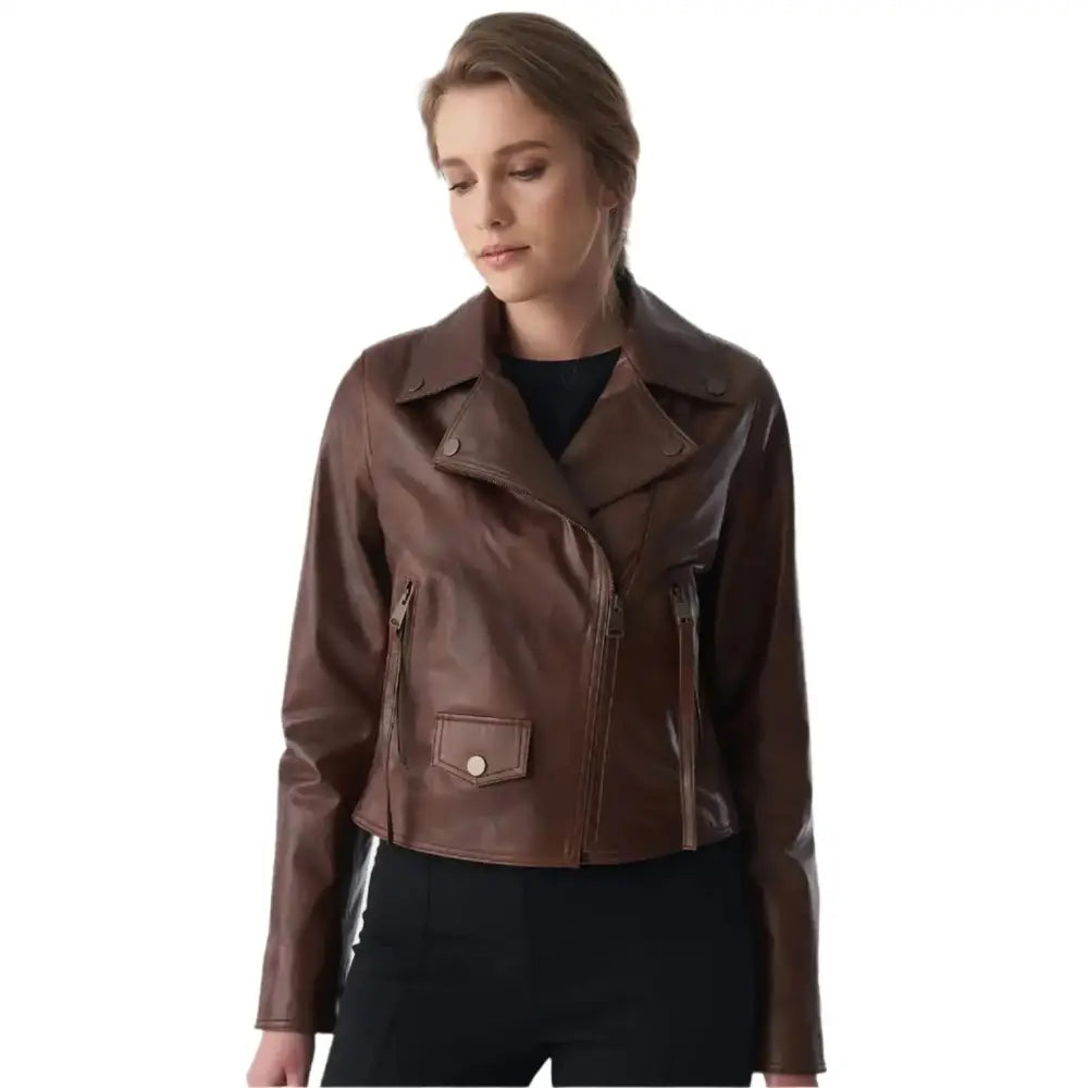 Women’s Antique Tan Brown Biker Jacket-0
