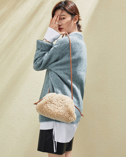 Apricot Beige Furry Double Thin Strap Shoulder Bag-4