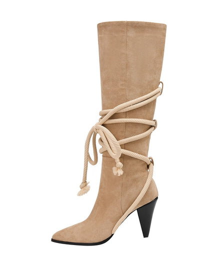 Apricot Lace Tie Pointed Bohemian Knee High Boots-4