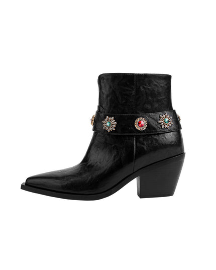 Autumn Crystal Embellished Strap Western Black Ankle Boots-1