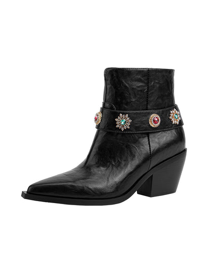 Autumn Crystal Embellished Strap Western Black Ankle Boots-2