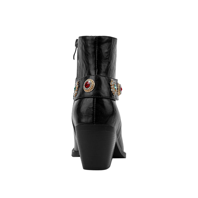 Autumn Crystal Embellished Strap Western Black Ankle Boots-3