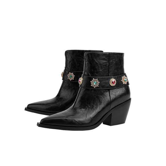 Autumn Crystal Embellished Strap Western Black Ankle Boots-4