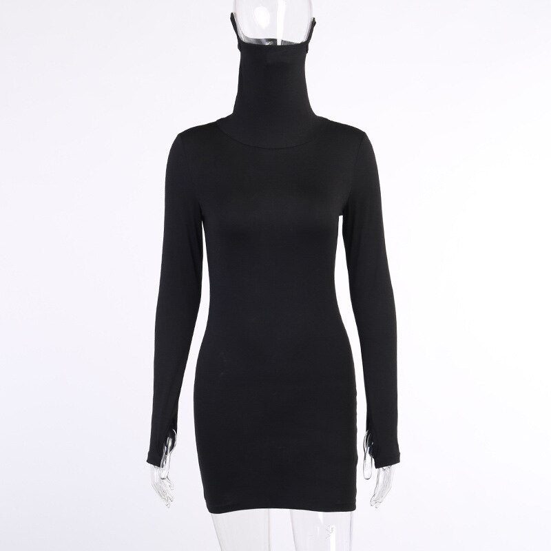 Autumn Hot Fashion Slim Long Sleeve Solid Black Women Dress With Face Mask Neck Short Mini Bodycon Street Dresses Vestidos-2