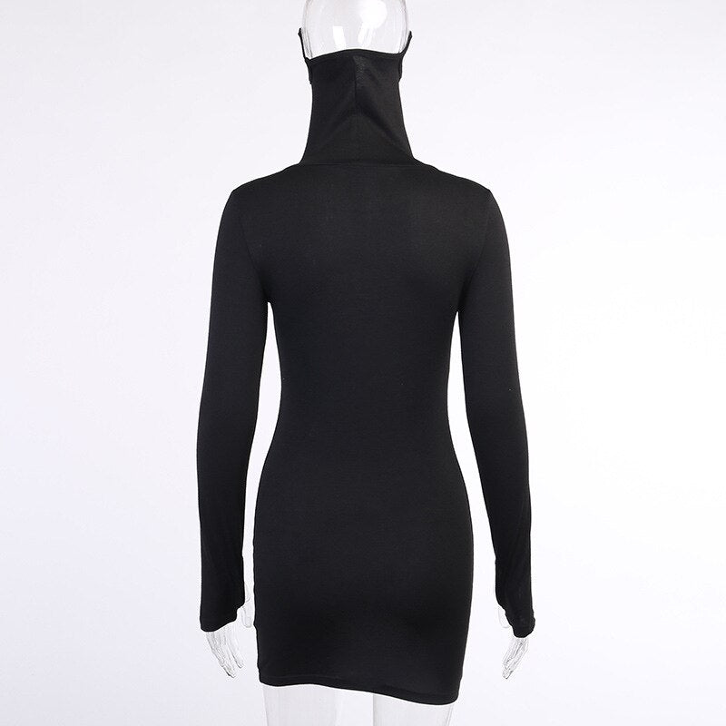 Autumn Hot Fashion Slim Long Sleeve Solid Black Women Dress With Face Mask Neck Short Mini Bodycon Street Dresses Vestidos-1