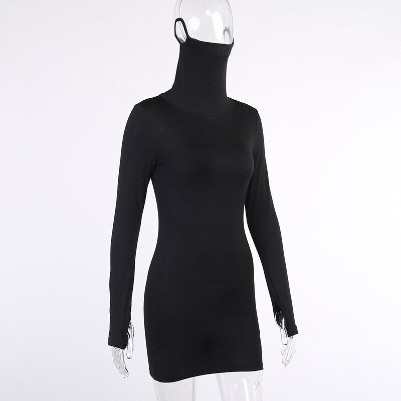 Autumn Hot Fashion Slim Long Sleeve Solid Black Women Dress With Face Mask Neck Short Mini Bodycon Street Dresses Vestidos-3