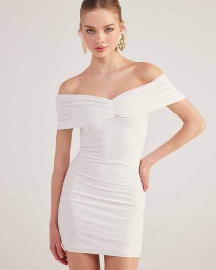Muse White Bardot Neck Mini Dress-0