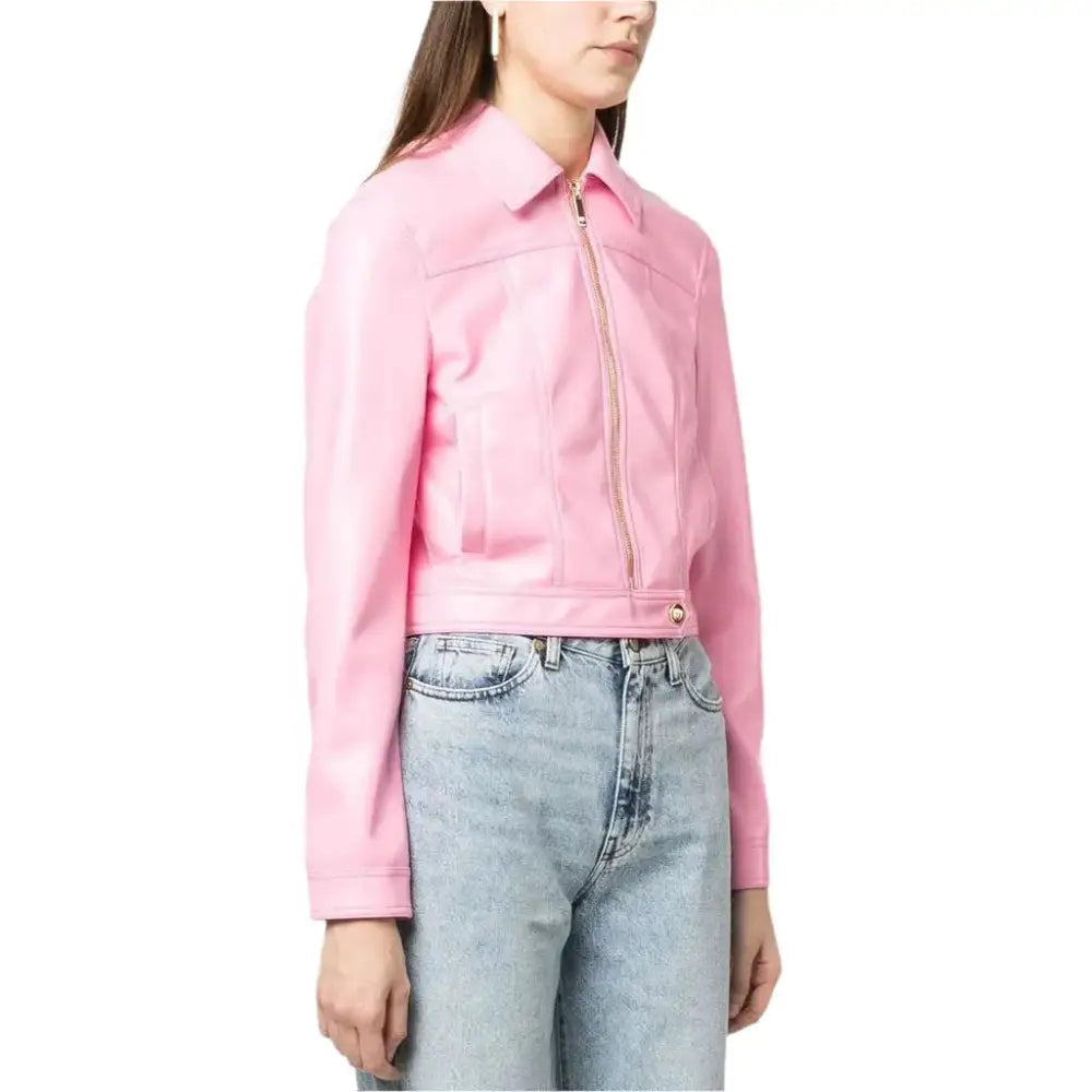 Women’s Baby Pink Barbie Summer Leather Jacket-2