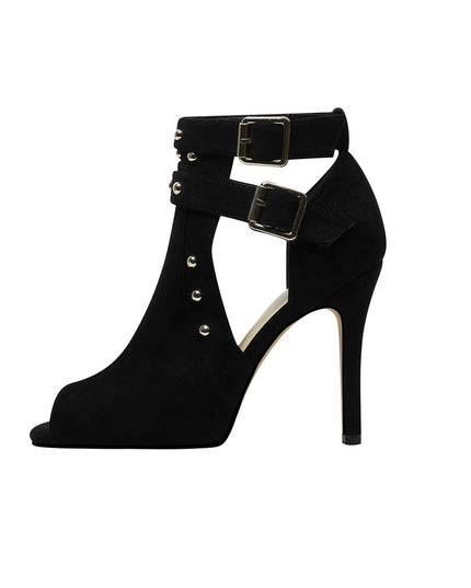 Bad Girl Black Buckle Strap Cutout Boots-1