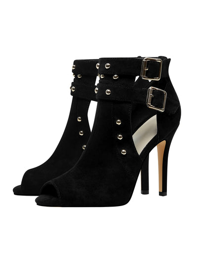 Bad Girl Black Buckle Strap Cutout Boots-3
