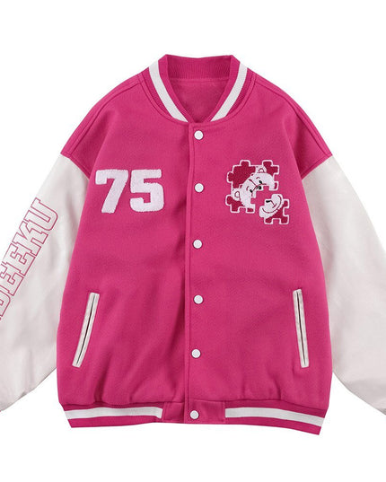 Baseball Jacket Men Furry Bear Patchwork Embroidery Letter Track Coats College Style Casual Outwears Couple Streetwear-3