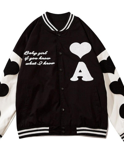 Baseball Jacket Men Leather Patchwork Furry Heart Patch Baggy Harajuku High Street Fashion All-match Bomber Coat Autumn-0