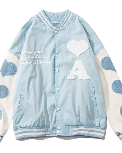 Baseball Jacket Men Leather Patchwork Furry Heart Patch Baggy Harajuku High Street Fashion All-match Bomber Coat Autumn-2