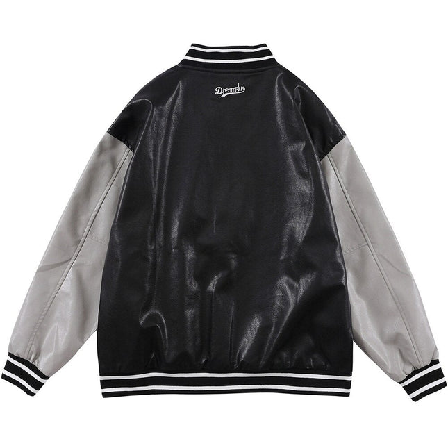 Baseball Jacket Men Retro Color Block Furry Patch Leather Bomber Coat Autumn Baggy High Street College Style Streetwear-2