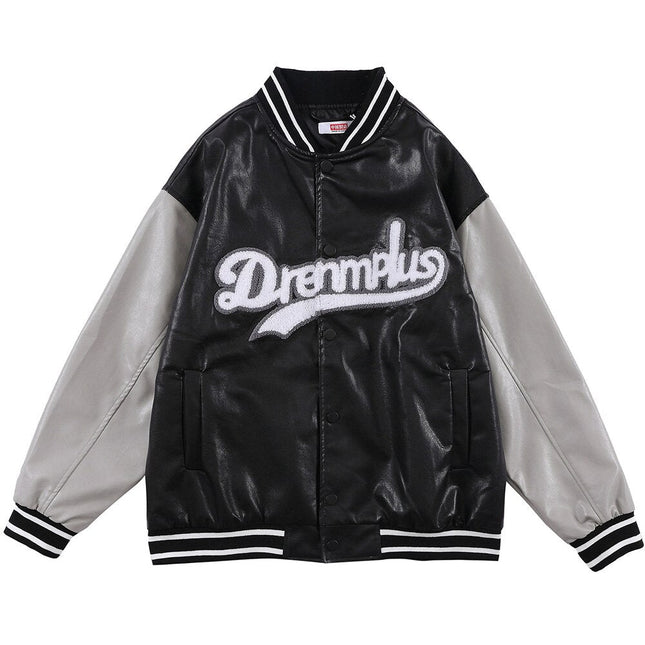 Baseball Jacket Men Retro Color Block Furry Patch Leather Bomber Coat Autumn Baggy High Street College Style Streetwear-3