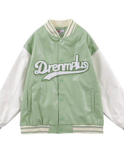 Baseball Jacket Men Retro Color Block Furry Patch Leather Bomber Coat Autumn Baggy High Street College Style Streetwear-0