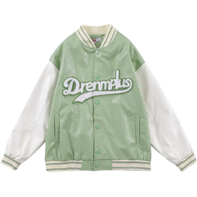 Baseball Jacket Men Retro Color Block Furry Patch Leather Bomber Coat Autumn Baggy High Street College Style Streetwear-0