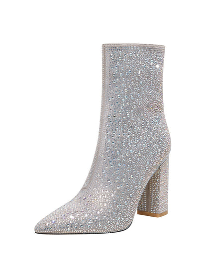 Bedazzled Silver White Mid Ankle Boots-1