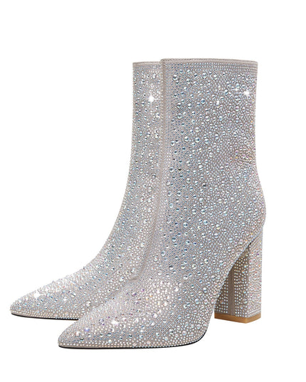 Bedazzled Silver White Mid Ankle Boots-2